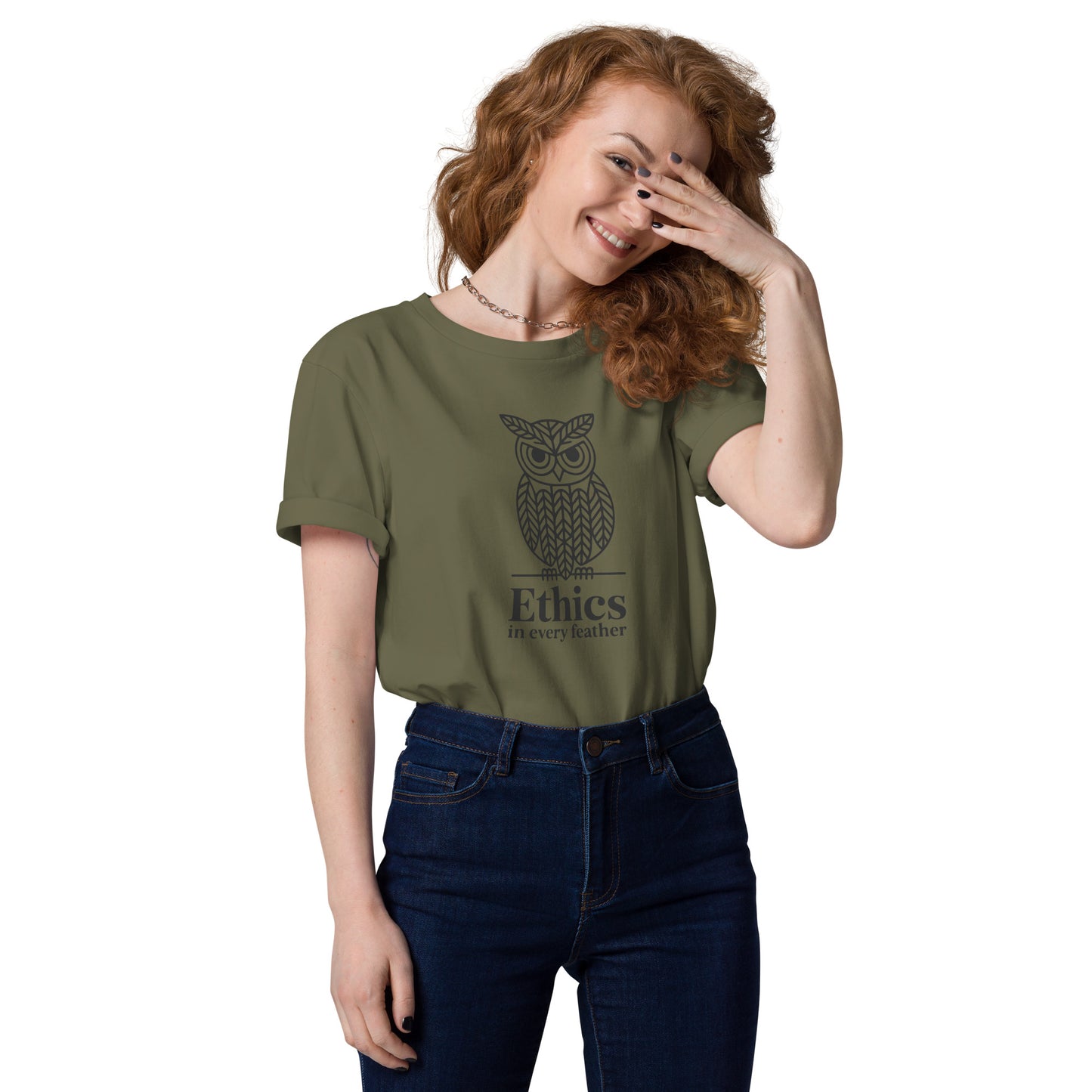Unisex Organic Cotton T-Shirt: 'Ethics in Every Feather' for Fall | Sustainable Owl Fashion USA Khaki Dudeily