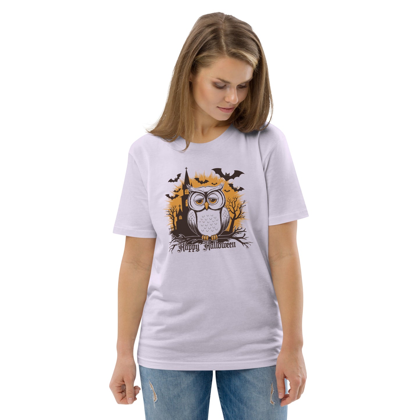 Unisex Organic Cotton T-Shirt: Halloween Owl Eco-Friendly Style USA Lavender Dudeily