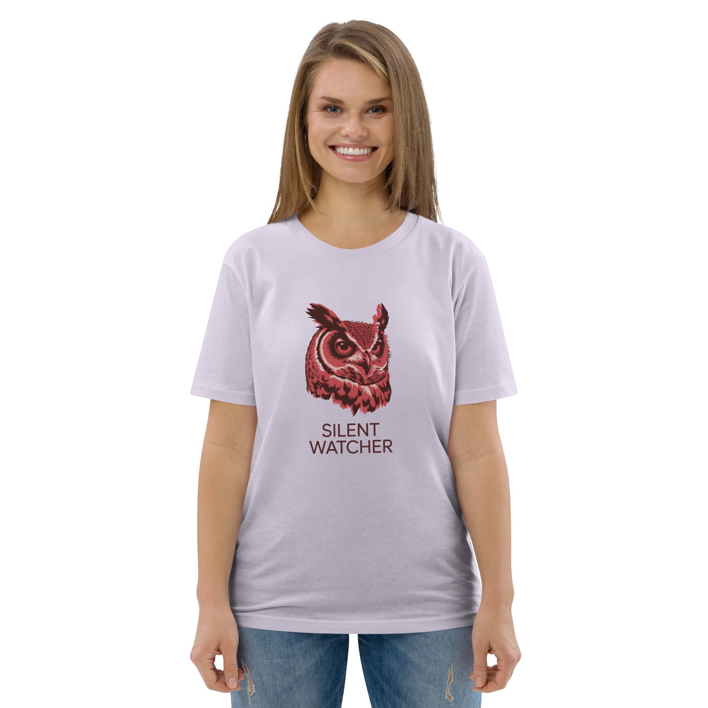 Unisex Organic Cotton T-Shirt: 'Silent Watcher' | Sustainable Owl Fashion USA Lavender Dudeily