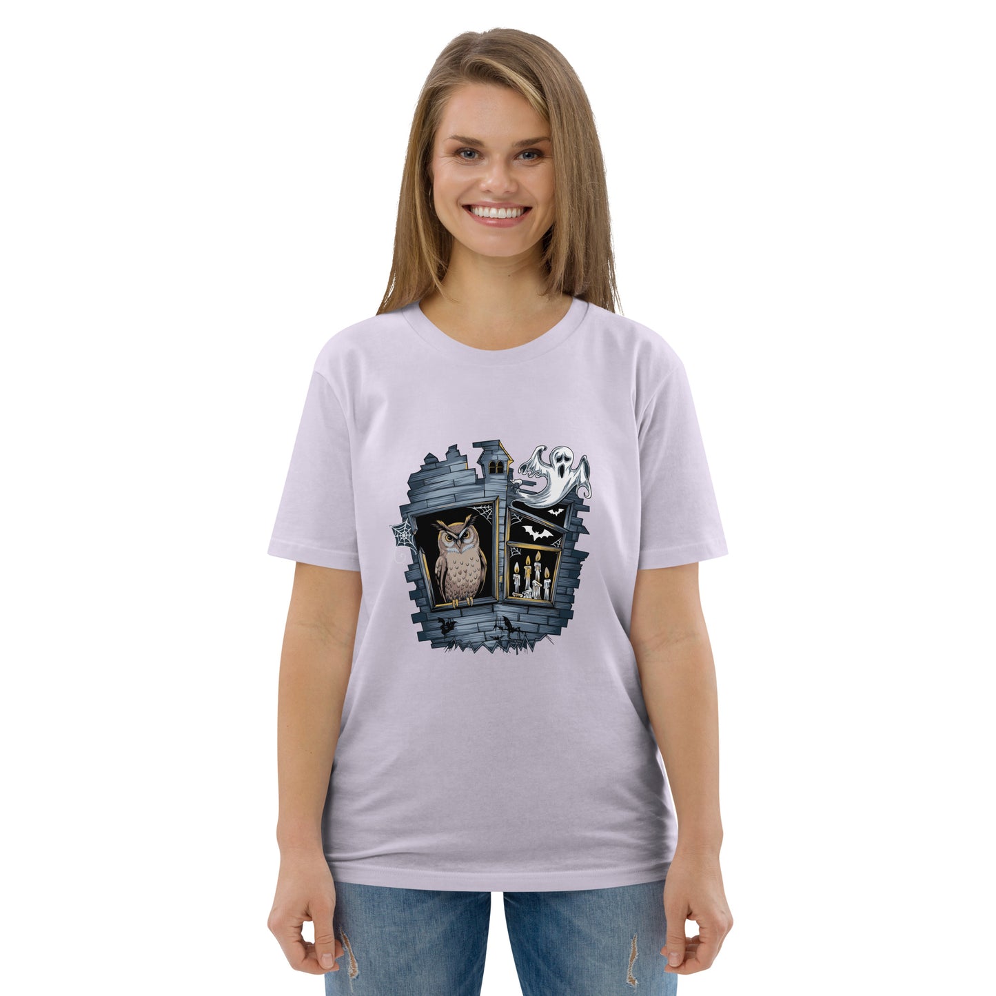 Unisex Organic Cotton T-Shirt: Halloween Owl Eco-Friendly Style USA Lavender Dudeily