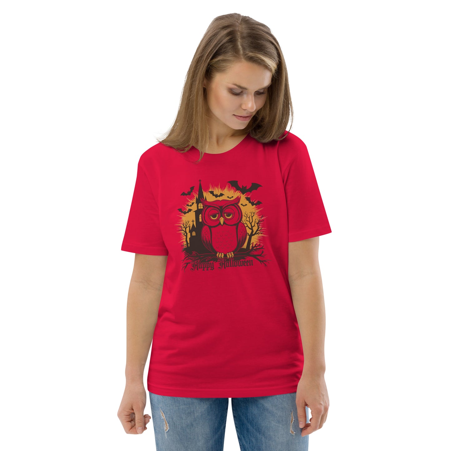 Unisex Organic Cotton T-Shirt: Halloween Owl Eco-Friendly Style USA Red Dudeily