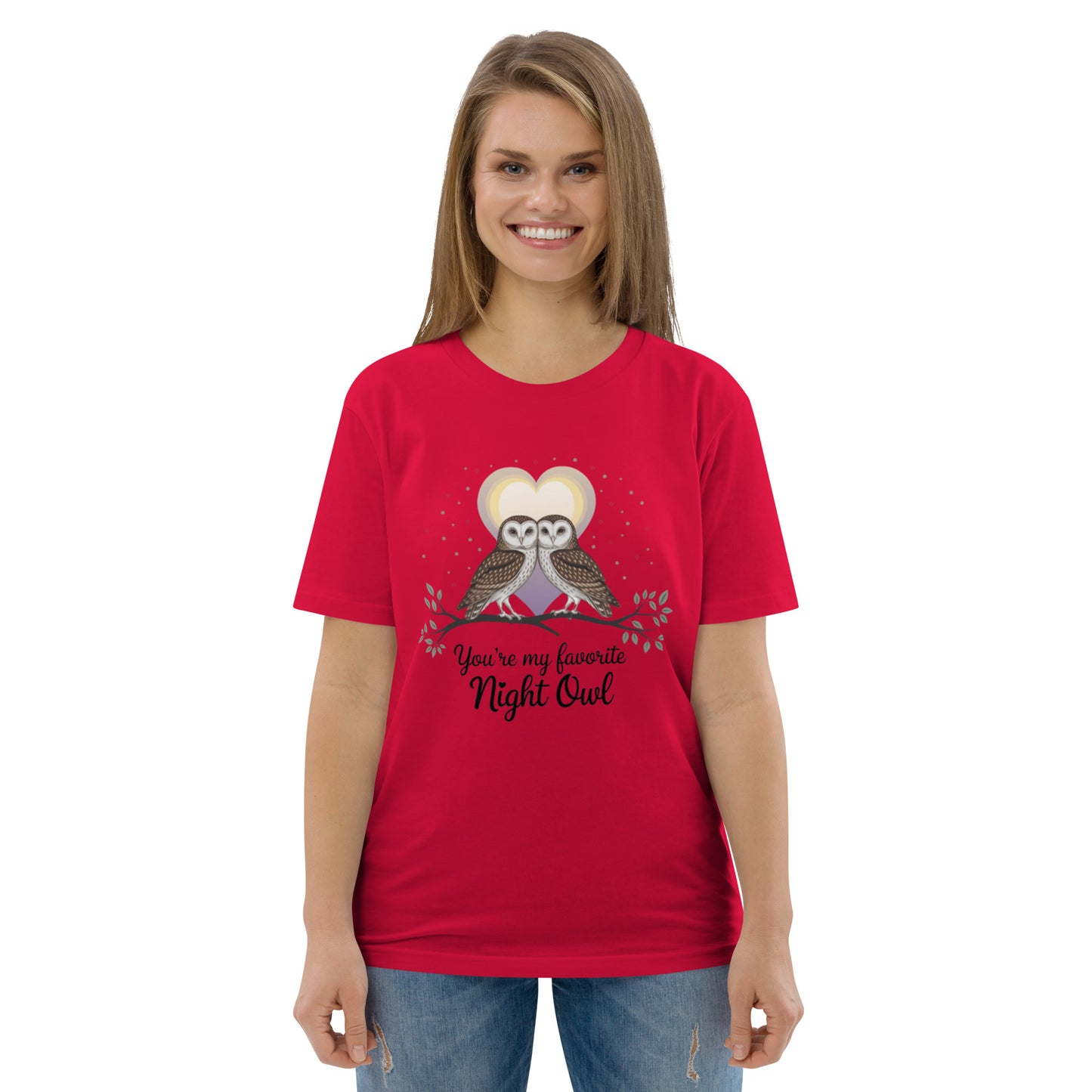 Owl-Themed Unisex Organic Cotton T-Shirt | Sustainable Fashion Red Dudeily