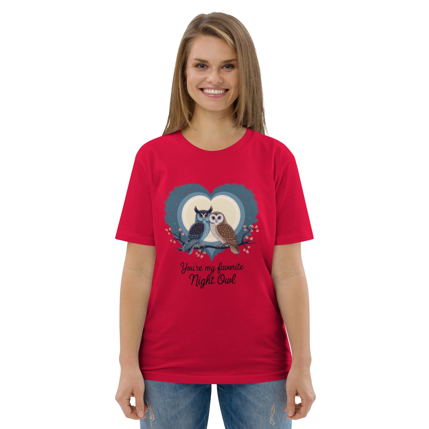 Owl-Themed Unisex Organic Cotton T-Shirt | Eco-Friendly Fashion Red Dudeily