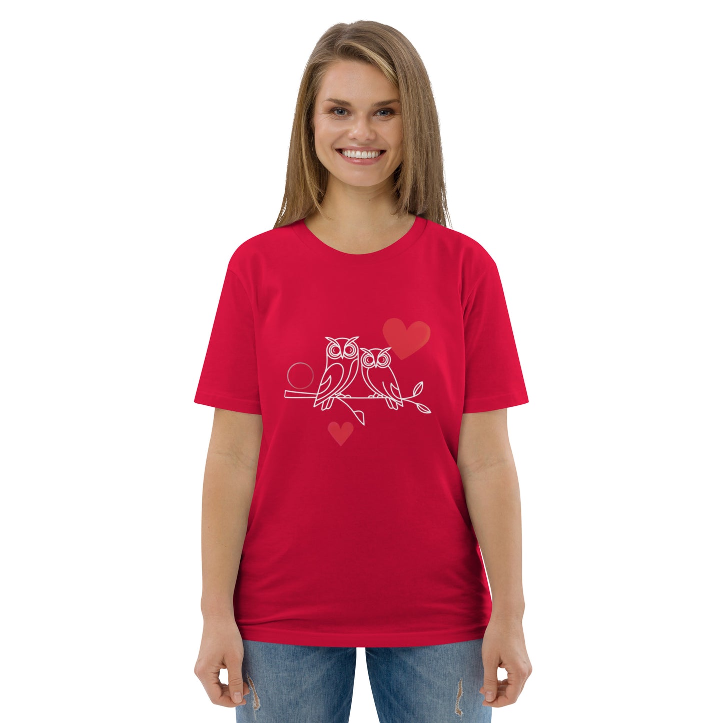 Owl-Themed Unisex Organic Cotton T-Shirt | Eco-Friendly Red Dudeily