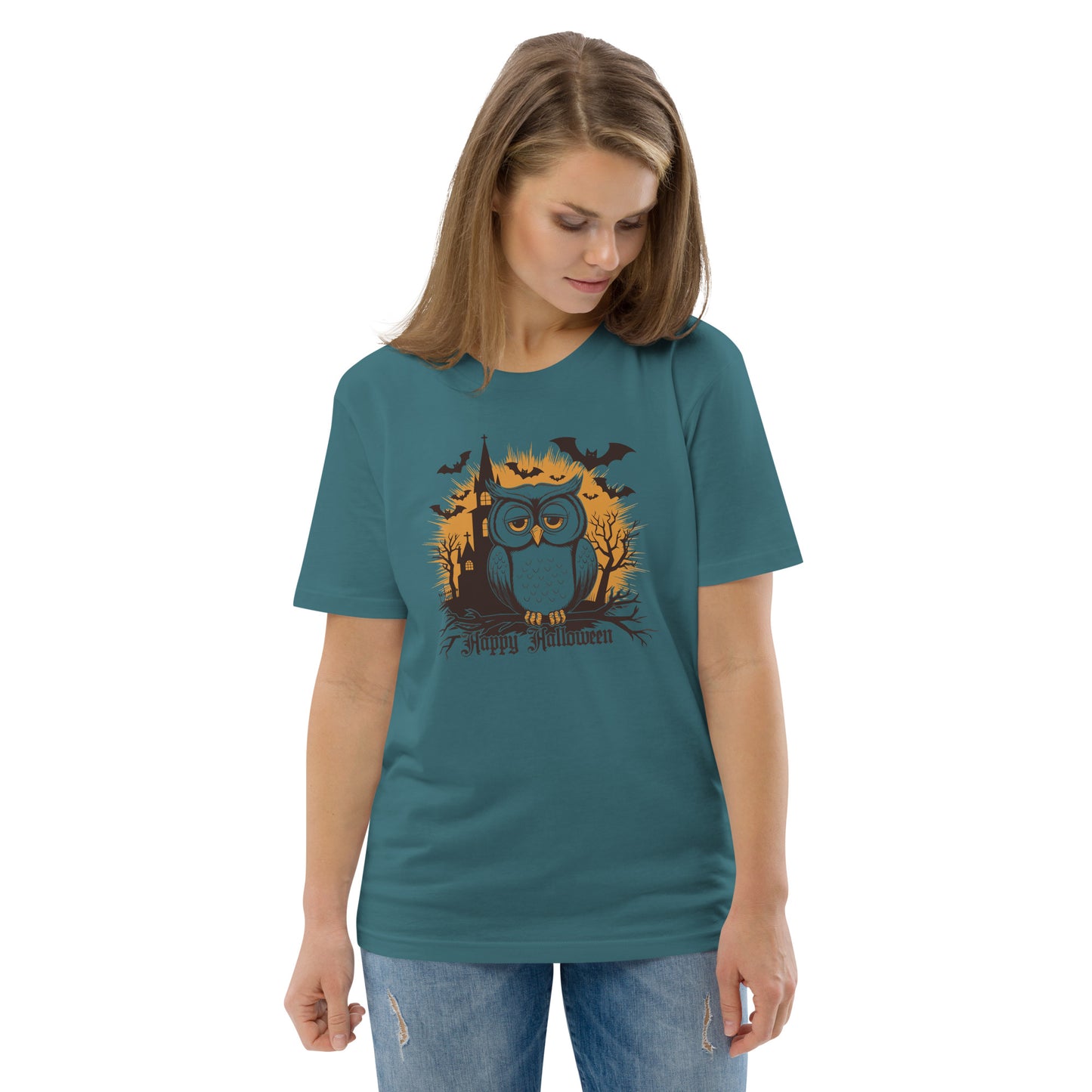 Unisex Organic Cotton T-Shirt: Halloween Owl Eco-Friendly Style USA Stargazer Dudeily