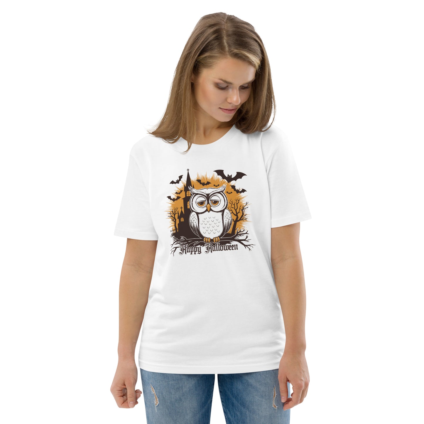 Unisex Organic Cotton T-Shirt: Halloween Owl Eco-Friendly Style USA White Dudeily