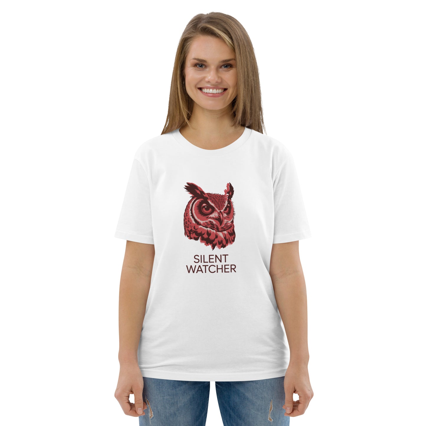 Unisex Organic Cotton T-Shirt: 'Silent Watcher' | Sustainable Owl Fashion USA White Dudeily