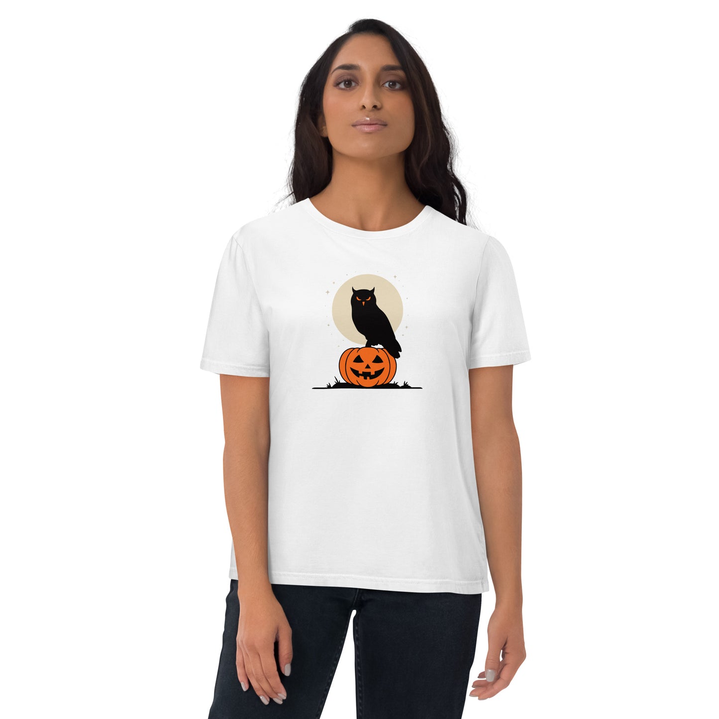 Unisex Organic Cotton T-Shirt: Halloween Owl Sustainable Style USA White Dudeily