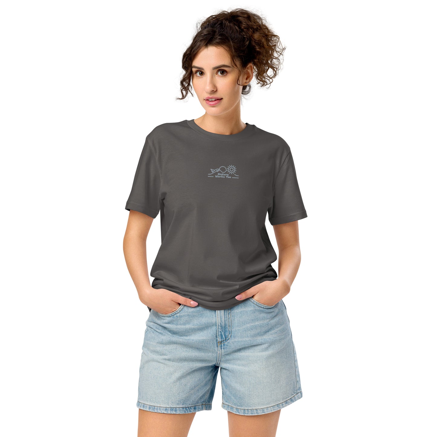 Unisex Organic Mid-Light T-Shirt: Nature Works Too | Owl Embroidered Sustainable Fashion USA Anthracite Dudeily