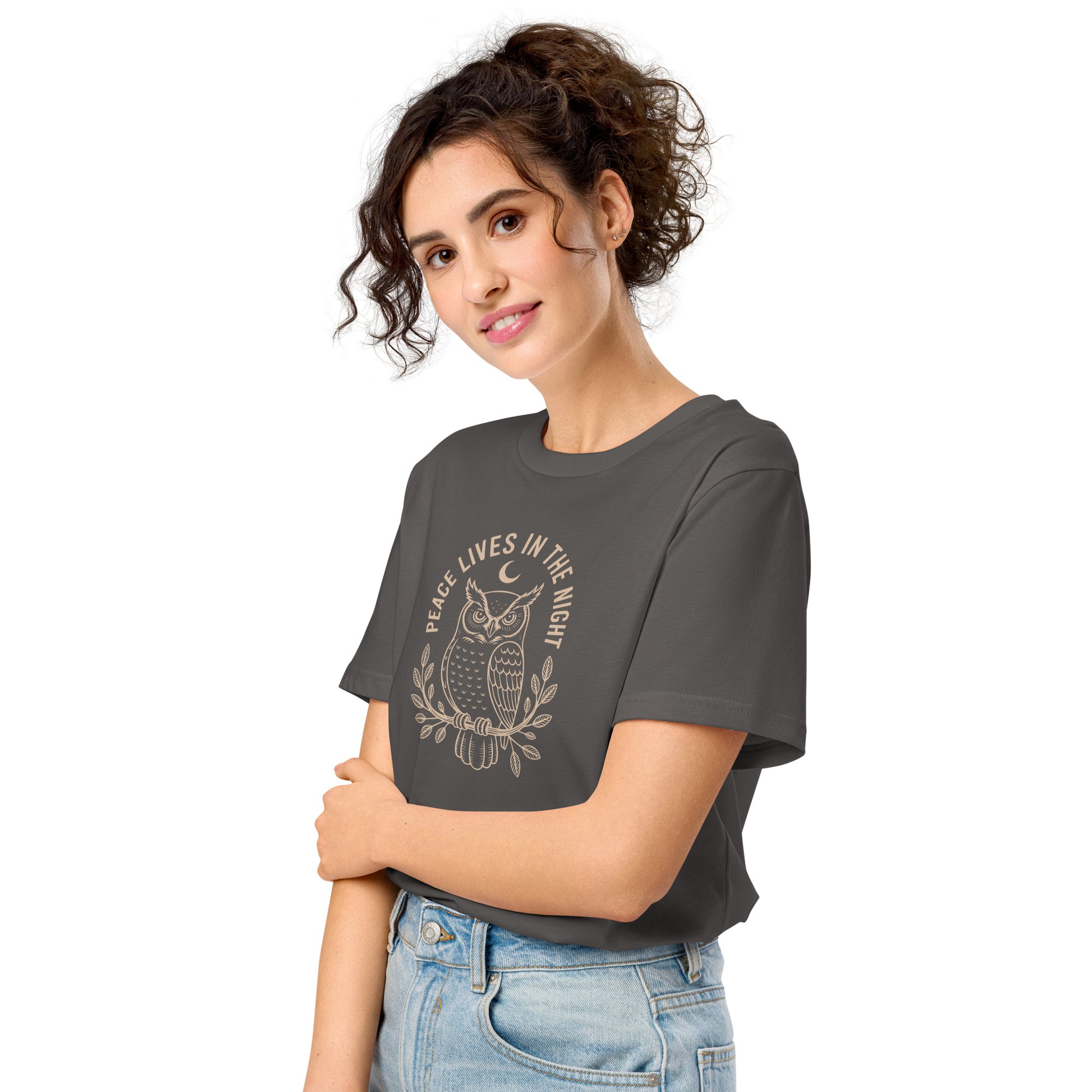Unisex Organic Mid-Light T-Shirt: 'Peace in the Night' in Fall | Sustainable Owl Fashion USA Dudeily
