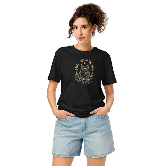 Unisex Organic Mid-Light T-Shirt: 'Peace in the Night' in Fall | Sustainable Owl Fashion USA Black Dudeily
