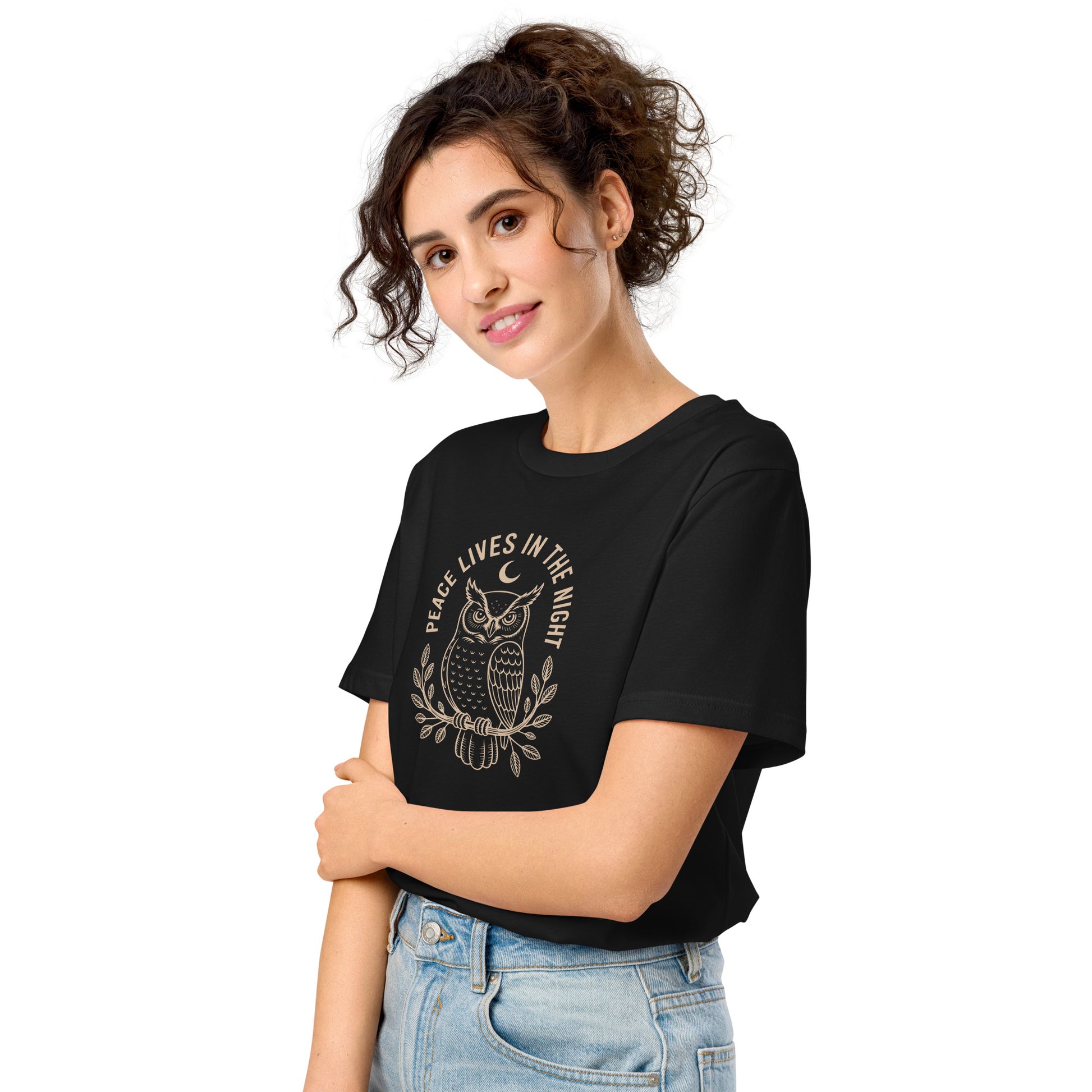 Unisex Organic Mid-Light T-Shirt: 'Peace in the Night' in Fall | Sustainable Owl Fashion USA Dudeily