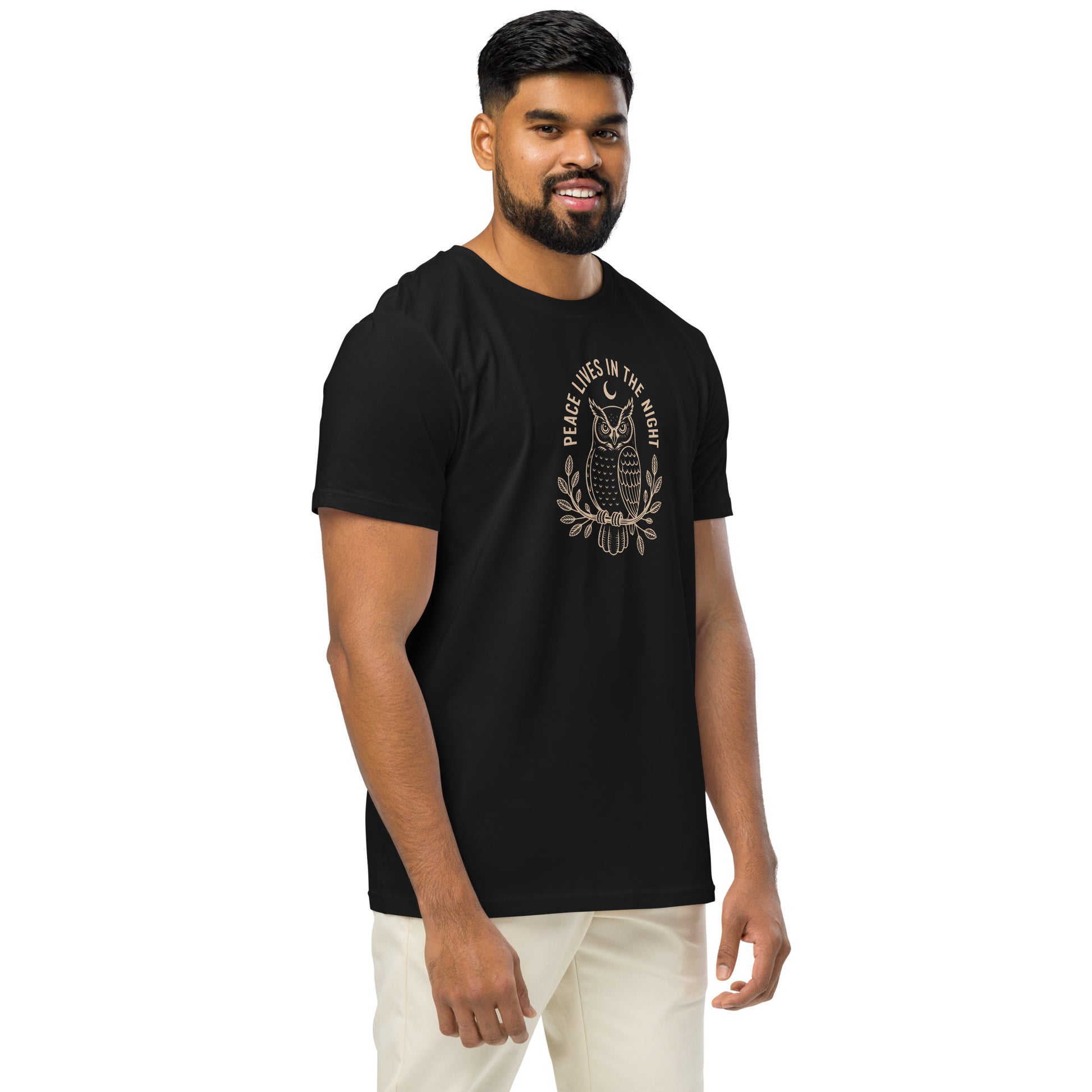 Unisex Organic Mid-Light T-Shirt: 'Peace in the Night' in Fall | Sustainable Owl Fashion USA Dudeily