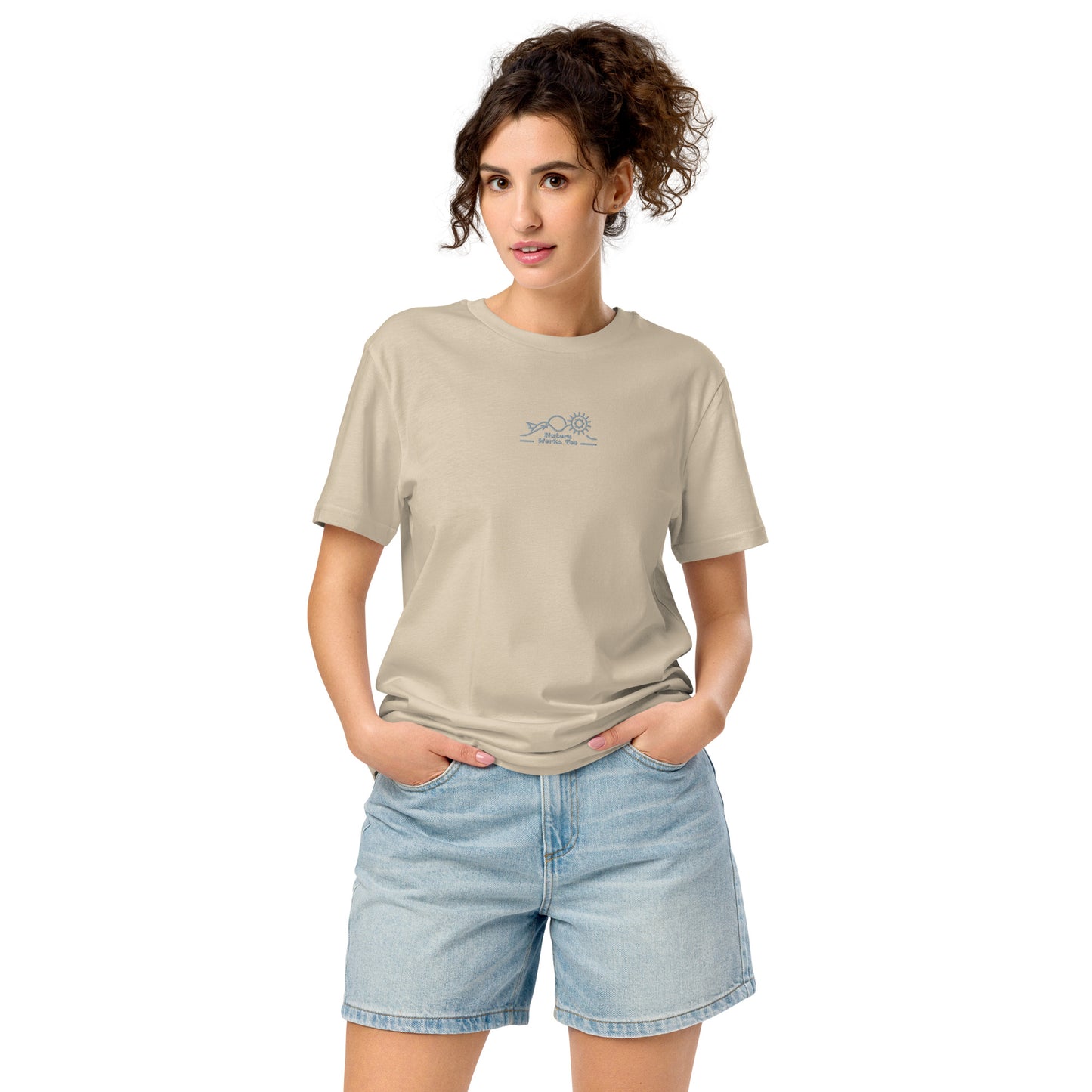 Unisex Organic Mid-Light T-Shirt: Nature Works Too | Owl Embroidered Sustainable Fashion USA Desert Dust Dudeily