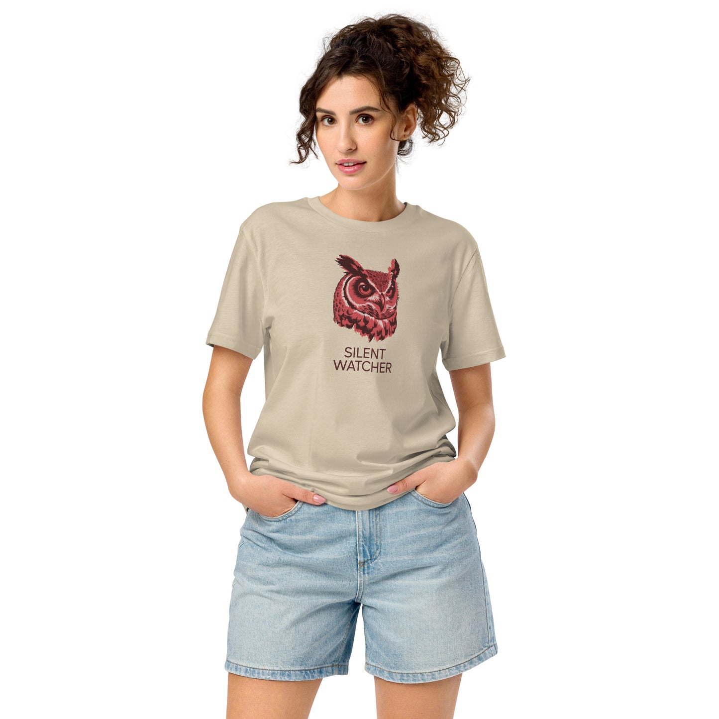 Unisex Organic Mid-Light T-Shirt: 'SILENT WATCHER' | Sustainable Owl Fashion USA Desert Dust Dudeily