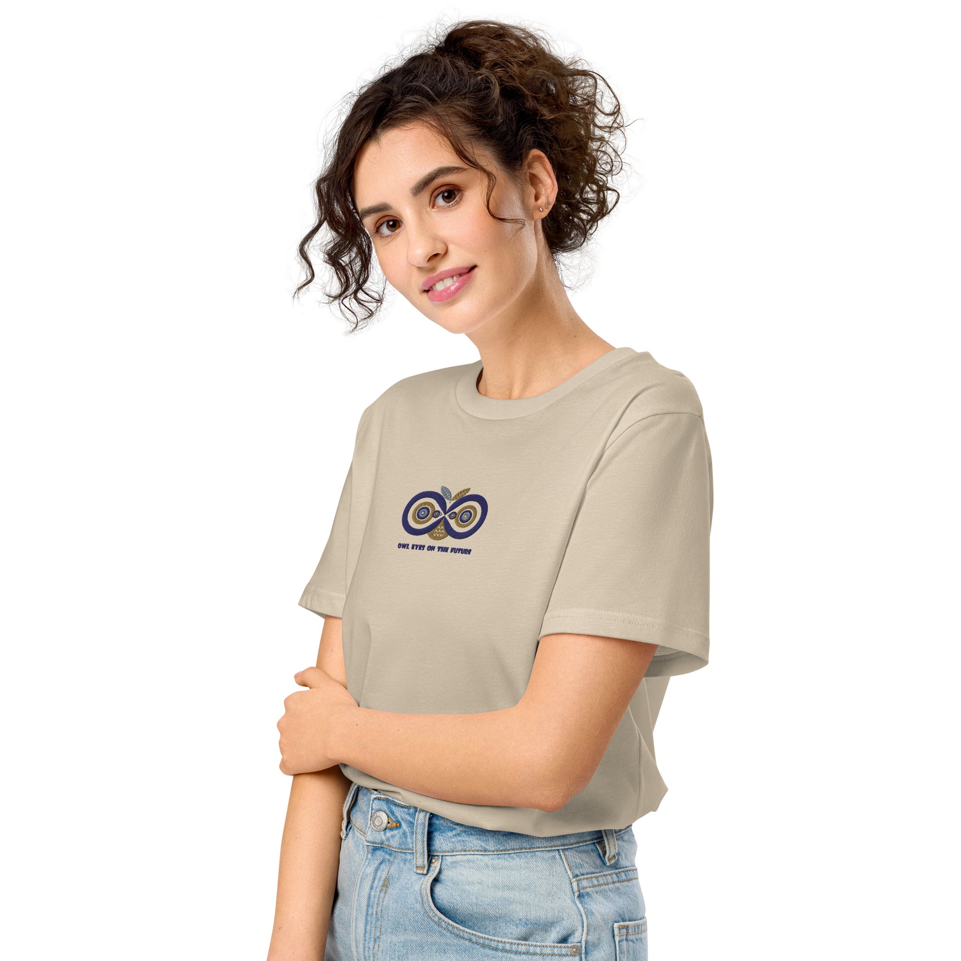 Embroidered Unisex Organic Mid-Light T-Shirt – Owl Eyes on the Future | Owl-Themed Sustainable Fashion USA Dudeily