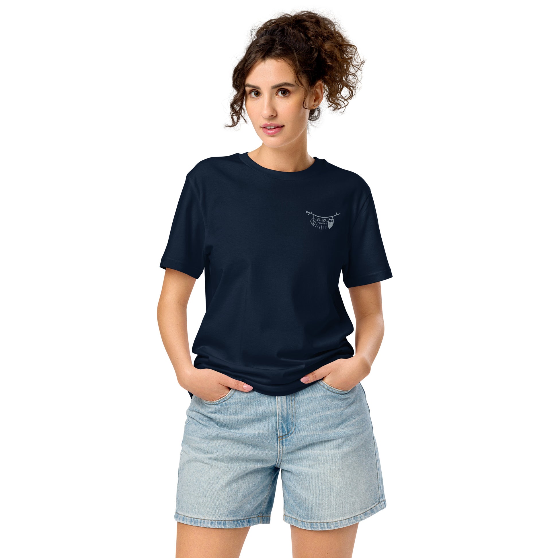 Unisex Organic Mid-Light T-Shirt: Ethical by Nature | Owl Embroidered Sustainable Fashion USA by Dudeily French Navy Dudeily