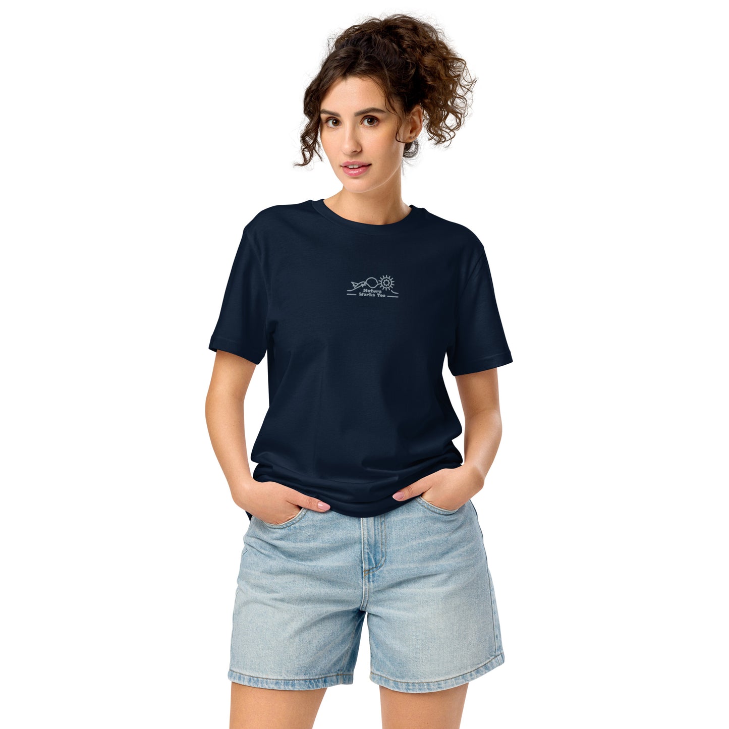 Unisex Organic Mid-Light T-Shirt: Nature Works Too | Owl Embroidered Sustainable Fashion USA French Navy Dudeily