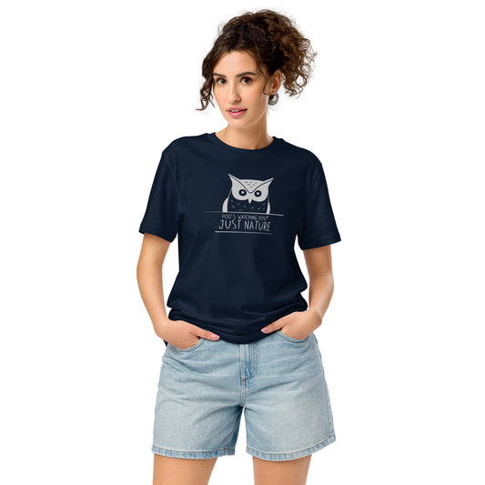 Organic Mid-Light T-Shirt: 'Hoo’s Watching You? Just Nature' | Sustainable Owl Fashion USA French Navy Dudeily
