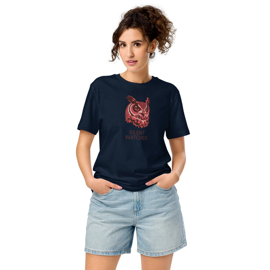 Unisex Organic Mid-Light T-Shirt: 'SILENT WATCHER' | Sustainable Owl Fashion USA French Navy Dudeily