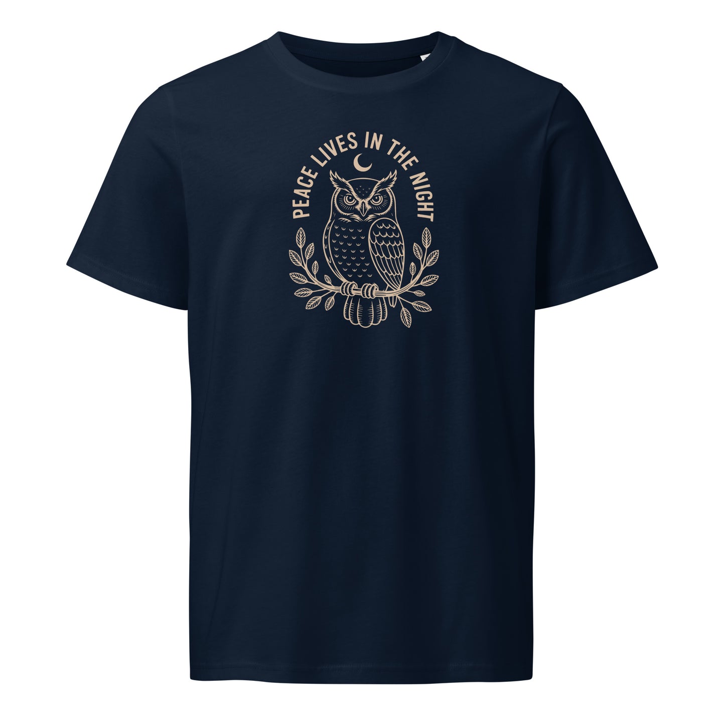 Unisex Organic Mid-Light T-Shirt: 'Peace in the Night' in Fall | Sustainable Owl Fashion USA Dudeily