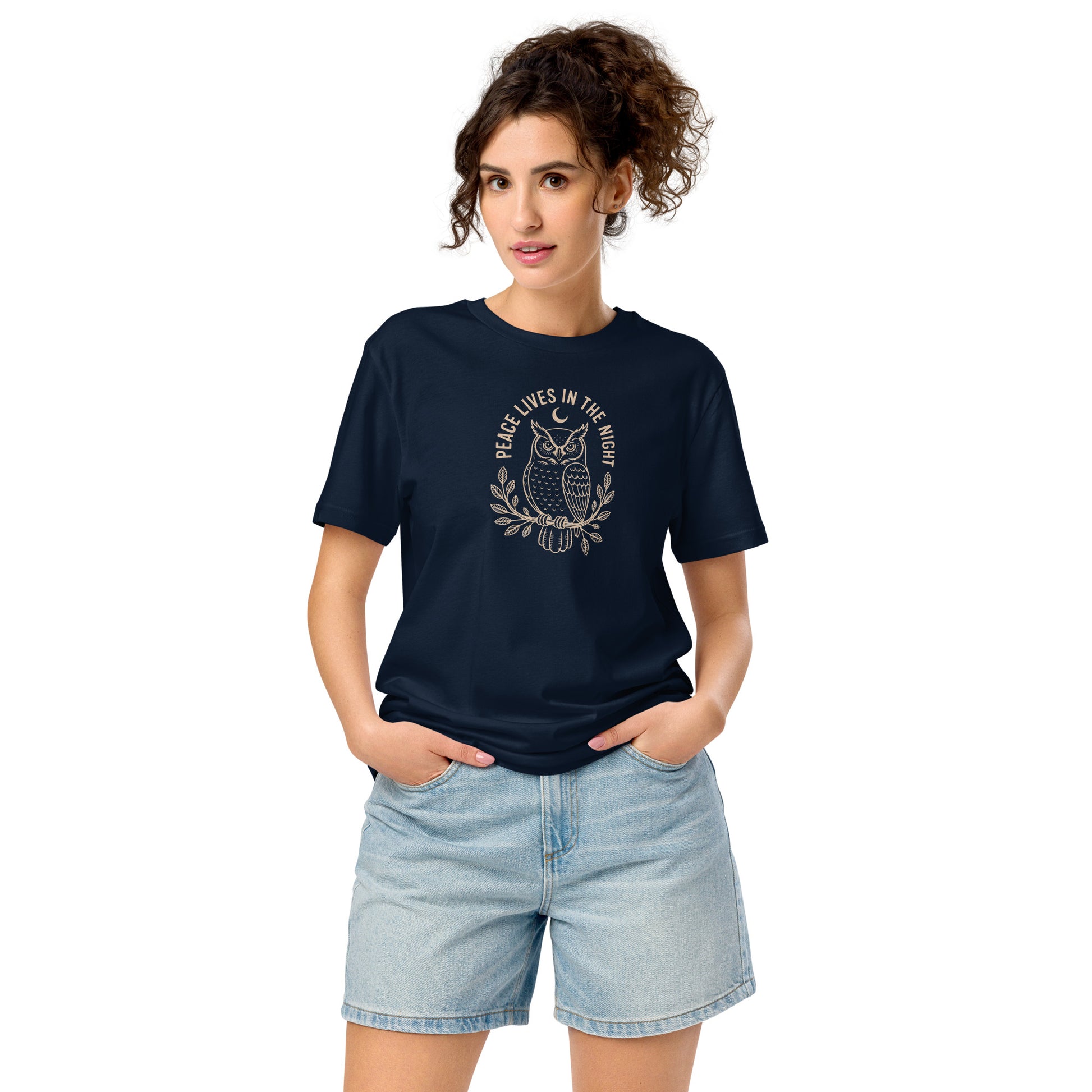 Unisex Organic Mid-Light T-Shirt: 'Peace in the Night' in Fall | Sustainable Owl Fashion USA French Navy Dudeily