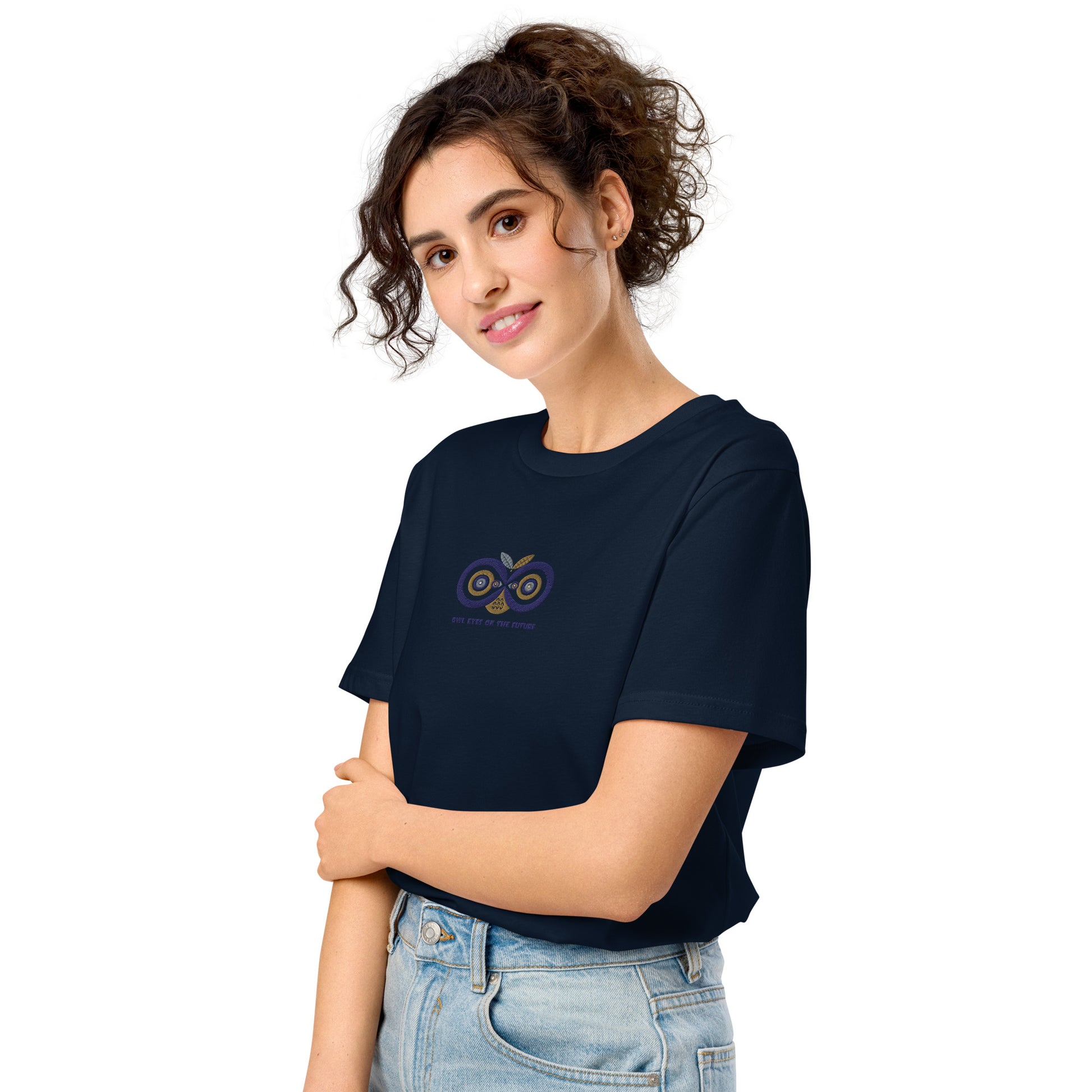Embroidered Unisex Organic Mid-Light T-Shirt – Owl Eyes on the Future | Owl-Themed Sustainable Fashion USA Dudeily