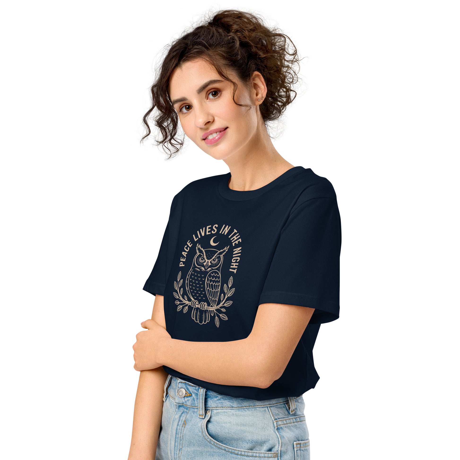 Unisex Organic Mid-Light T-Shirt: 'Peace in the Night' in Fall | Sustainable Owl Fashion USA Dudeily