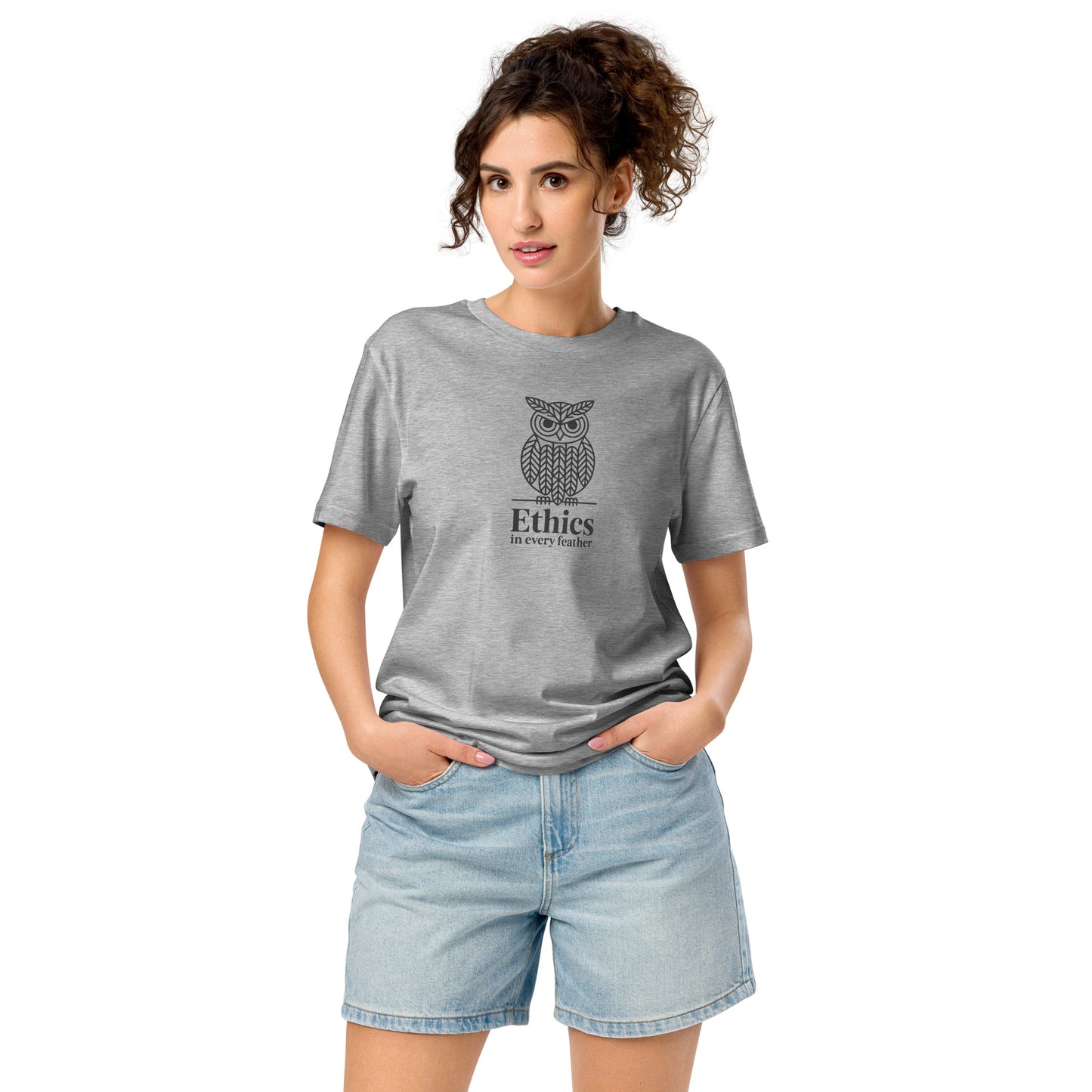 Unisex Organic Mid-Light T-Shirt: 'Ethics in Every Feather' | Sustainable Owl Fashion USA Heather Grey Dudeily