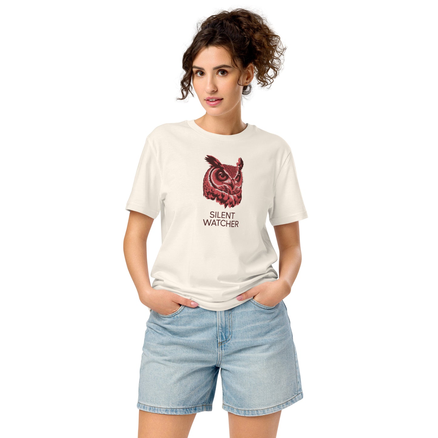 Unisex Organic Mid-Light T-Shirt: 'SILENT WATCHER' | Sustainable Owl Fashion USA Vintage White Dudeily