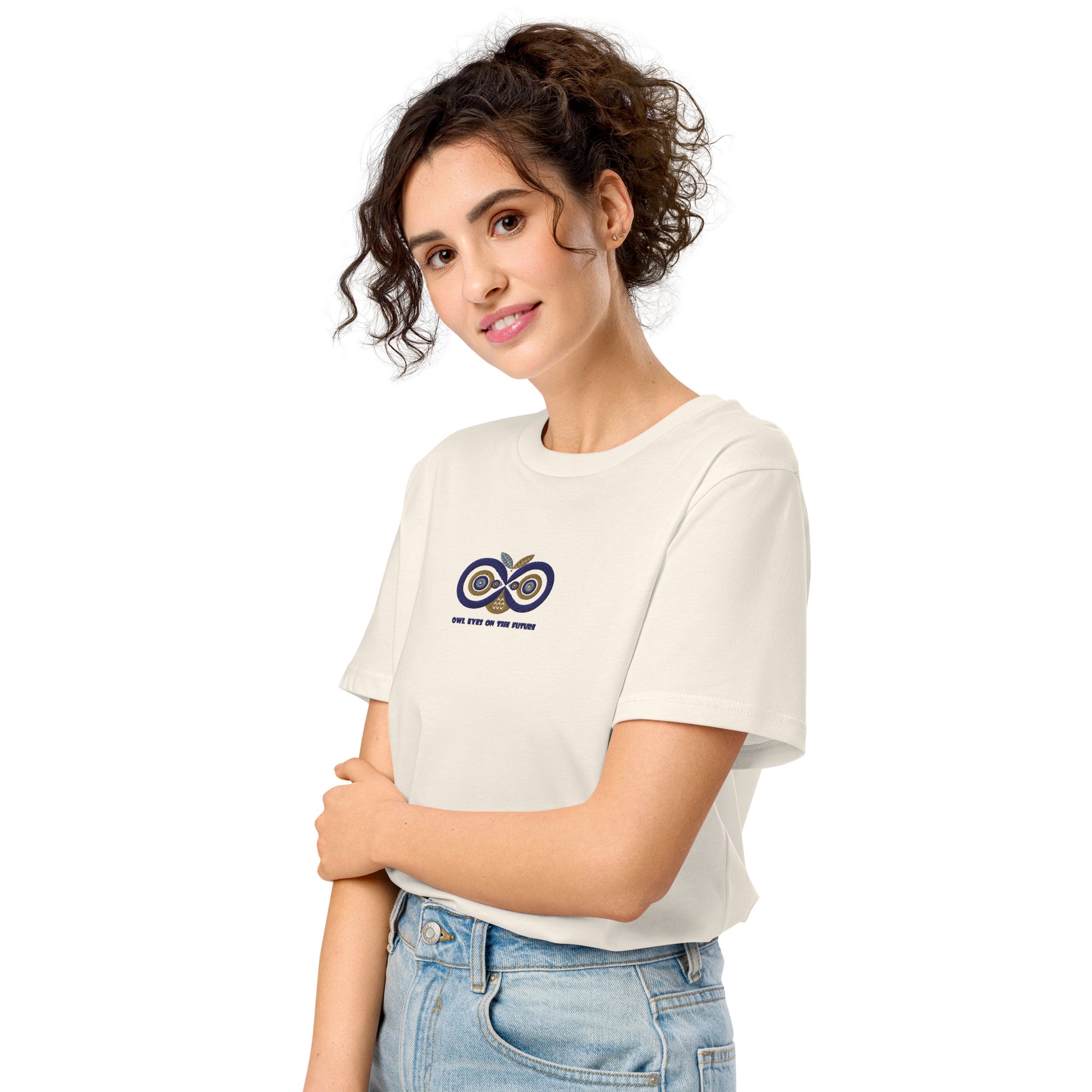 Embroidered Unisex Organic Mid-Light T-Shirt – Owl Eyes on the Future | Owl-Themed Sustainable Fashion USA Dudeily