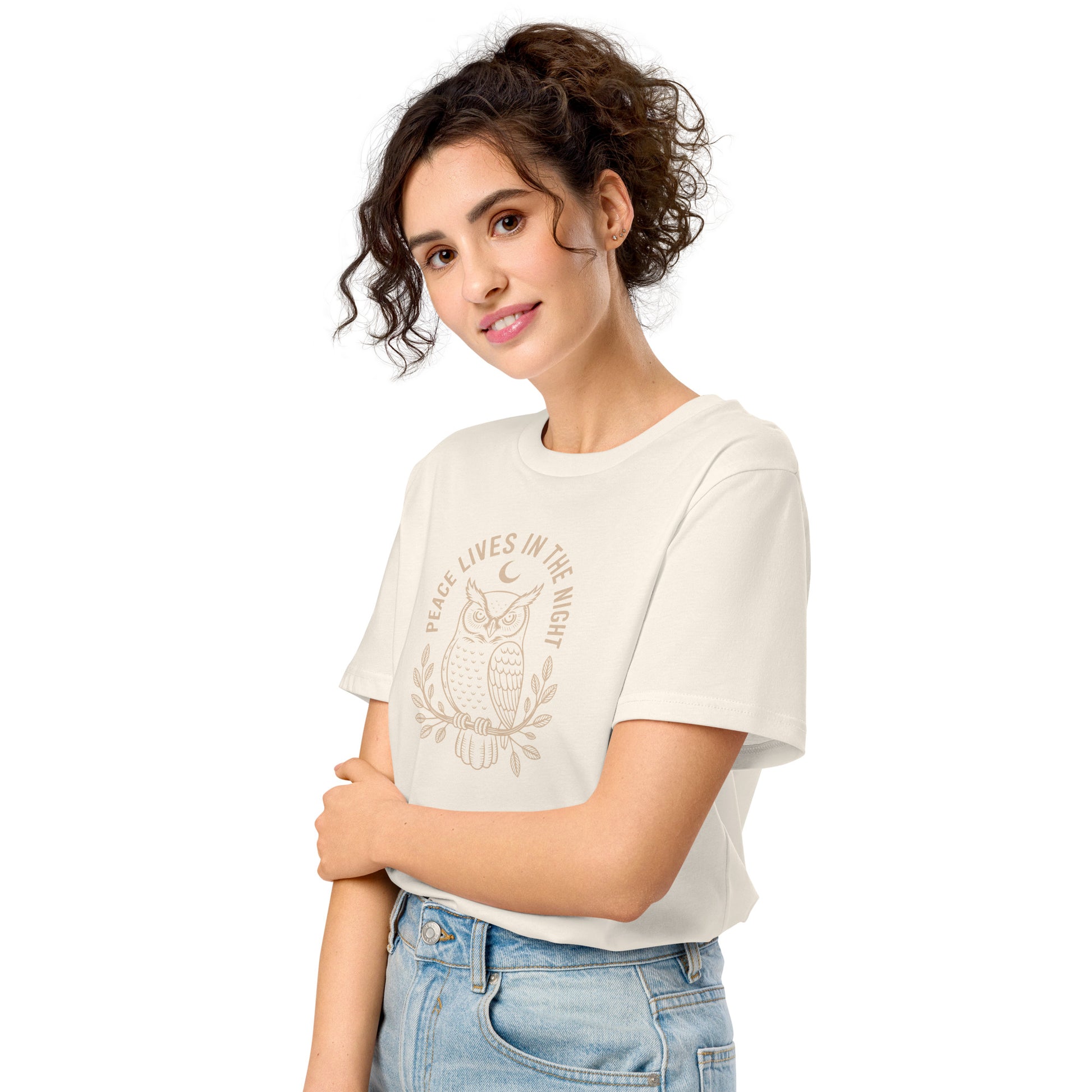 Unisex Organic Mid-Light T-Shirt: 'Peace in the Night' in Fall | Sustainable Owl Fashion USA Dudeily