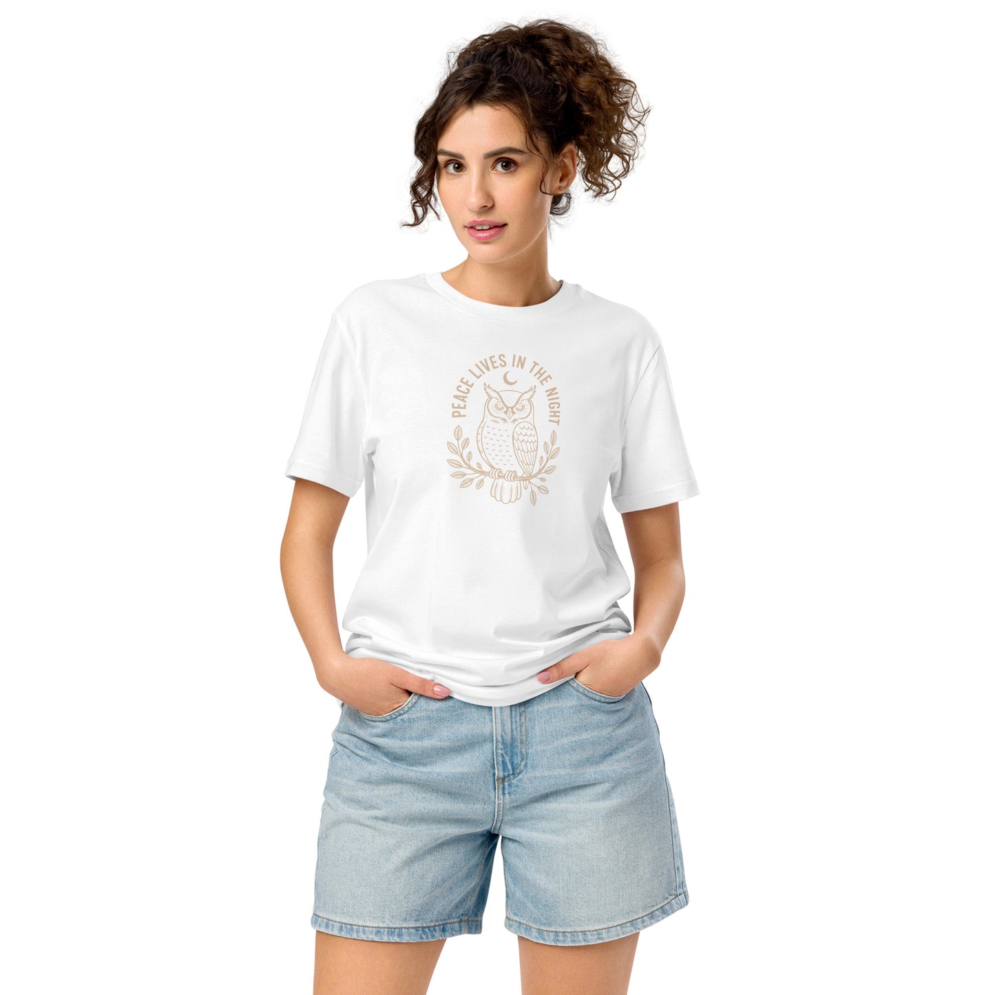 Unisex Organic Mid-Light T-Shirt: 'Peace in the Night' in Fall | Sustainable Owl Fashion USA White Dudeily