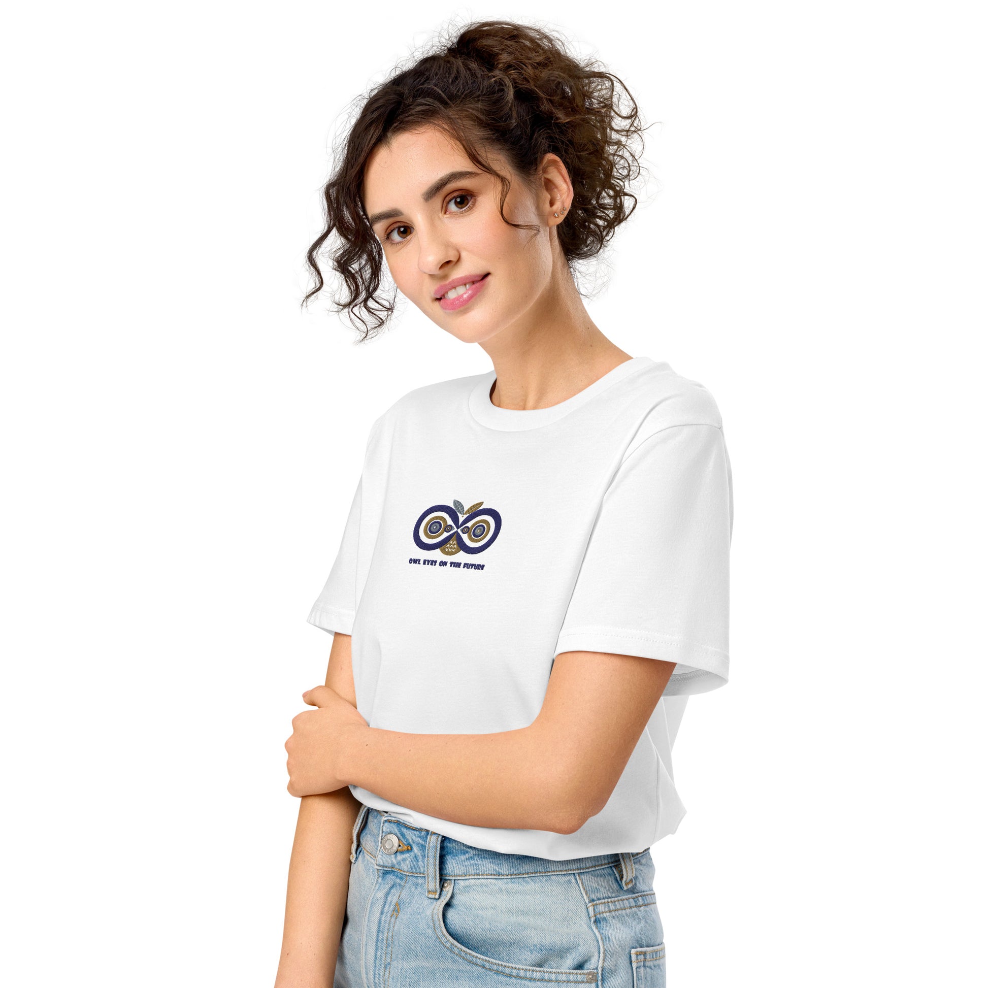 Embroidered Unisex Organic Mid-Light T-Shirt – Owl Eyes on the Future | Owl-Themed Sustainable Fashion USA Dudeily