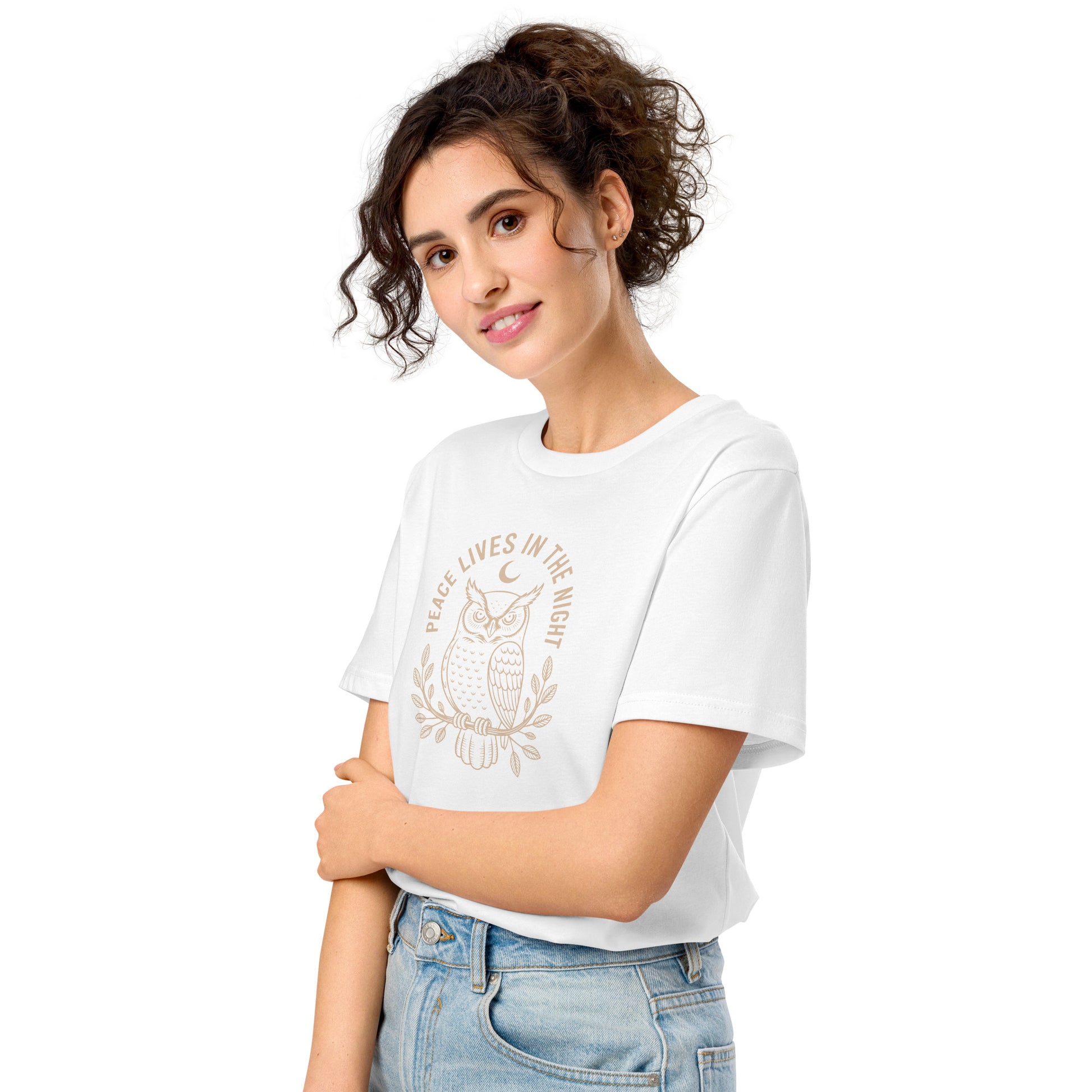 Unisex Organic Mid-Light T-Shirt: 'Peace in the Night' in Fall | Sustainable Owl Fashion USA Dudeily