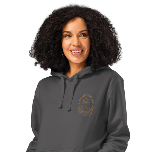 Owl Unisex Organic Mid-Weight Hoodie – 'Peace Lives in the Night' in Fall | Sustainable Fashion Dudeily