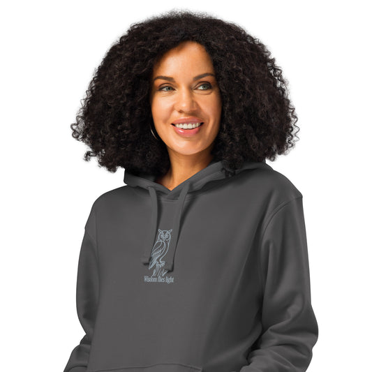 Owl Unisex Organic Mid-Weight Hoodie: 'Wisdom Flies Light' in Fall | Sustainable Fashion Dudeily
