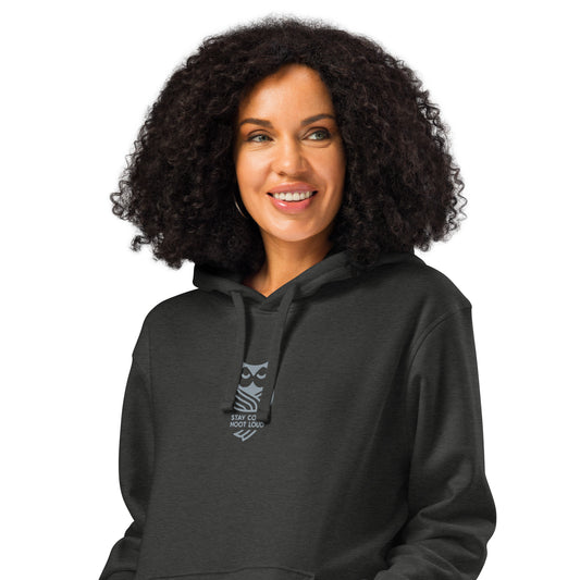 Owl Unisex Organic Mid-Weight Hoodie for Sustainable Fashion USA:" Stay Cozy Hoot Loud" in Fall Dark Heather Grey Dudeily