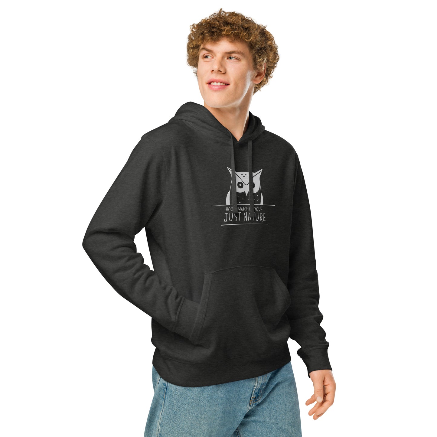 Owl Unisex Organic Mid-Weight Hoodie: 'Hoo's Watching You? Just Nature' in Fall | Eco-Friendly Owl Apparel USA Dudeily