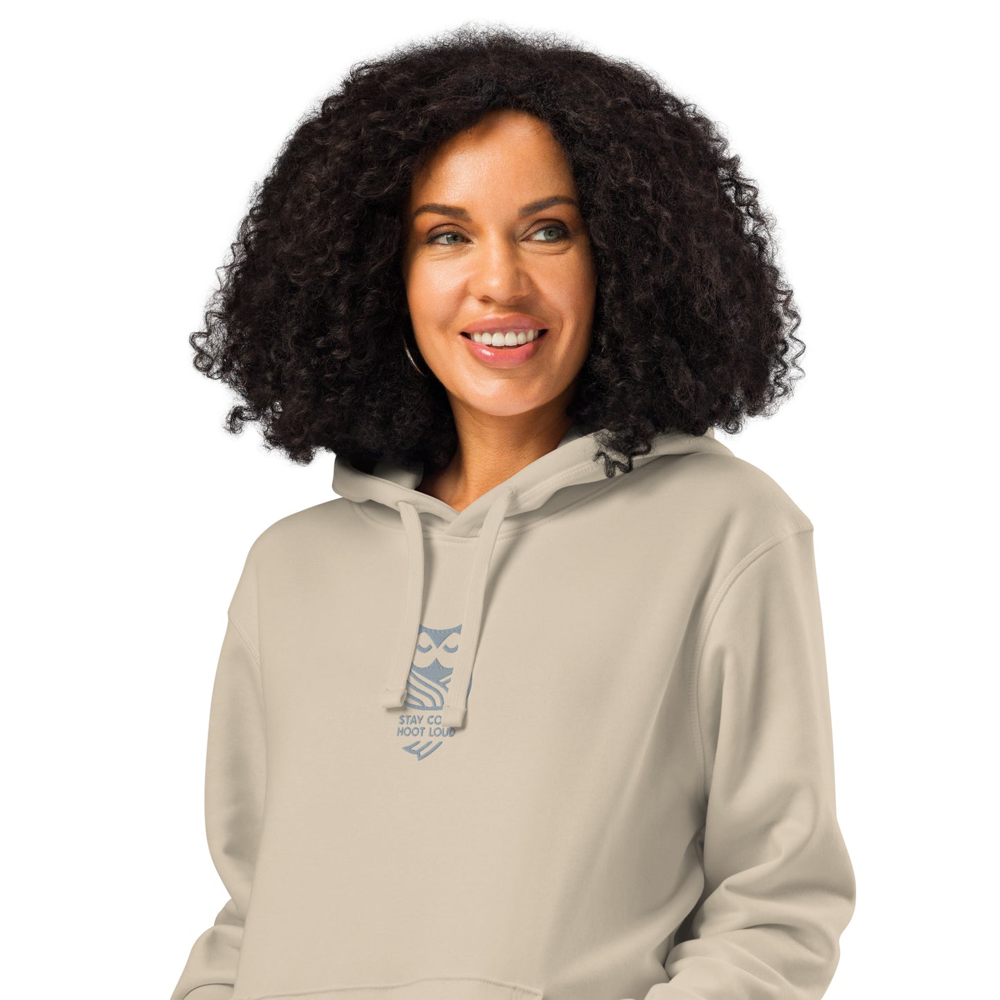 Owl Unisex Organic Mid-Weight Hoodie for Sustainable Fashion USA:" Stay Cozy Hoot Loud" in Fall Desert Dust Dudeily