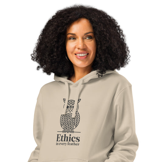 Unisex Organic Mid-Weight Hoodie: 'Ethics in Every Feather' | Sustainable Owl Fashion USA Desert Dust Dudeily