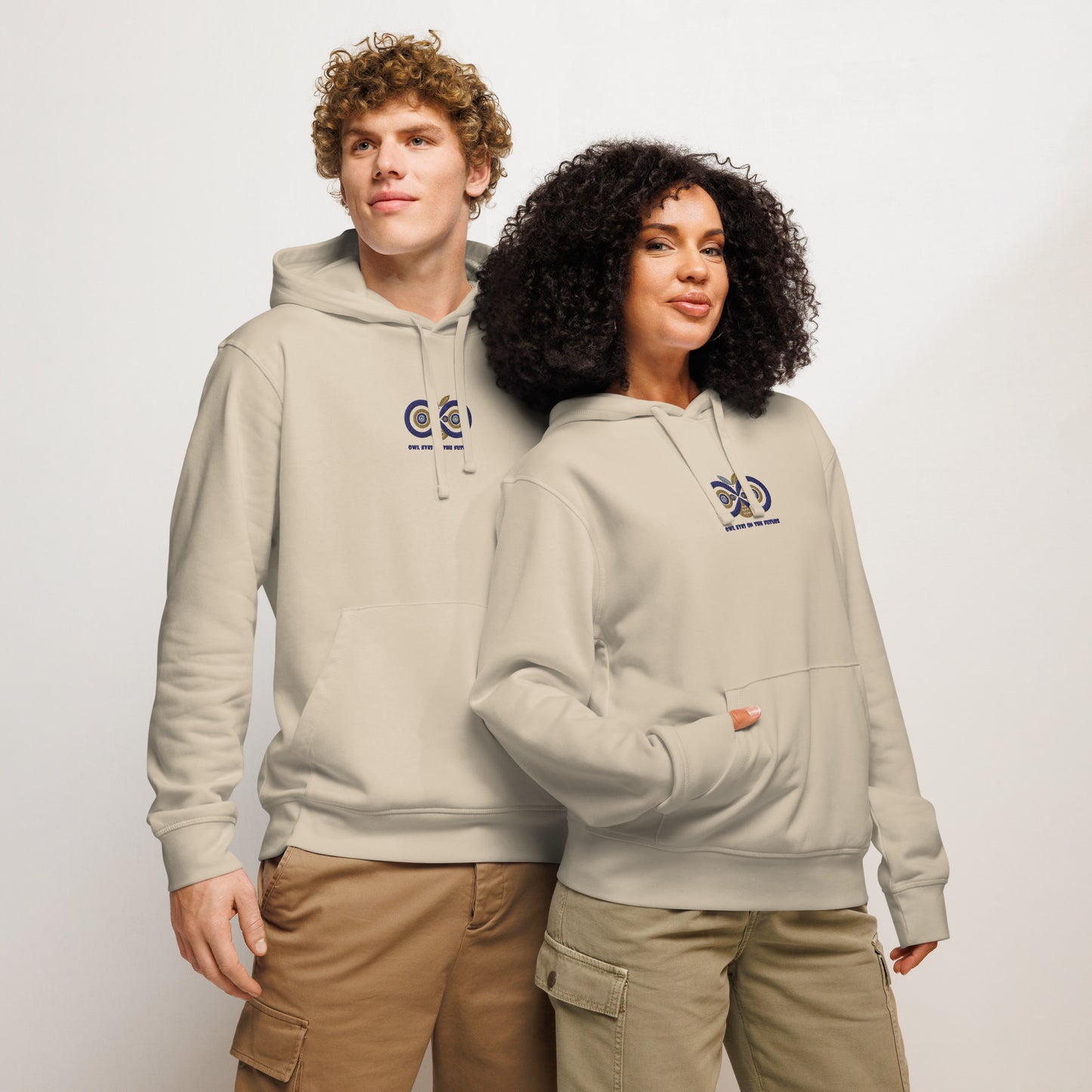 Embroidered Unisex Organic Mid-Weight Hoodie – Owl Eyes on the Future | Owl-Themed Sustainable Fashion Dudeily