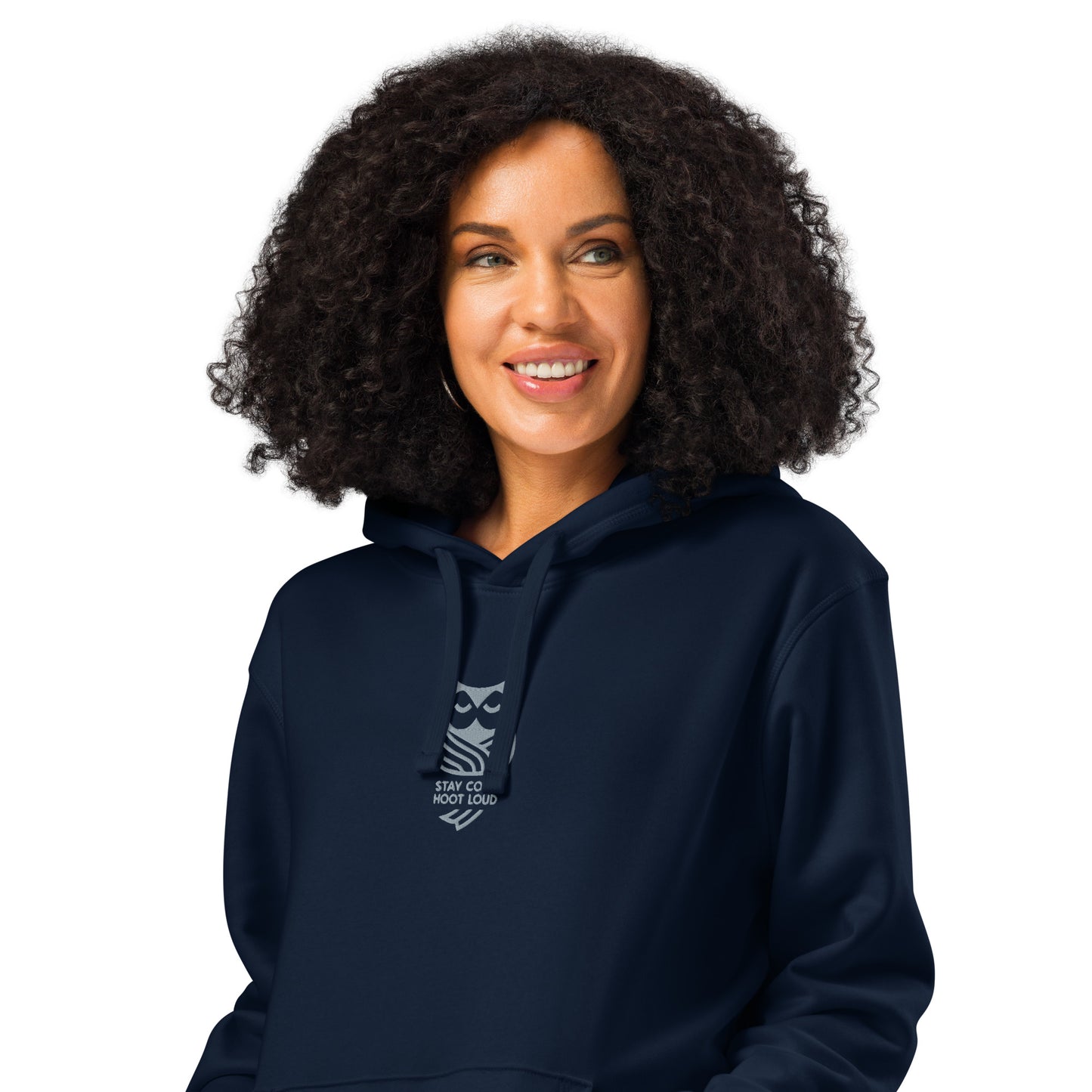 Owl Unisex Organic Mid-Weight Hoodie for Sustainable Fashion USA:" Stay Cozy Hoot Loud" in Fall French Navy Dudeily