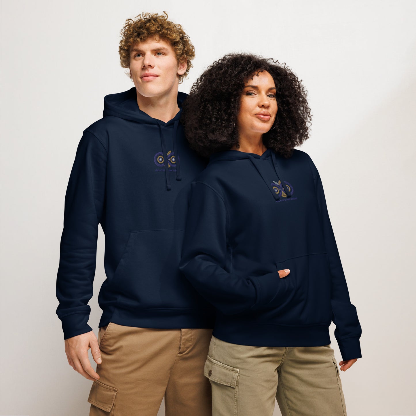 Embroidered Unisex Organic Mid-Weight Hoodie – Owl Eyes on the Future | Owl-Themed Sustainable Fashion Dudeily