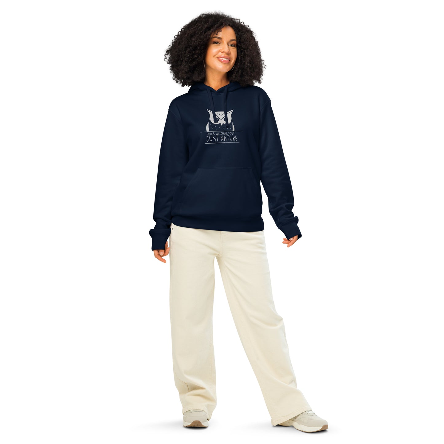 Owl Unisex Organic Mid-Weight Hoodie: 'Hoo's Watching You? Just Nature' in Fall | Eco-Friendly Owl Apparel USA French Navy Dudeily