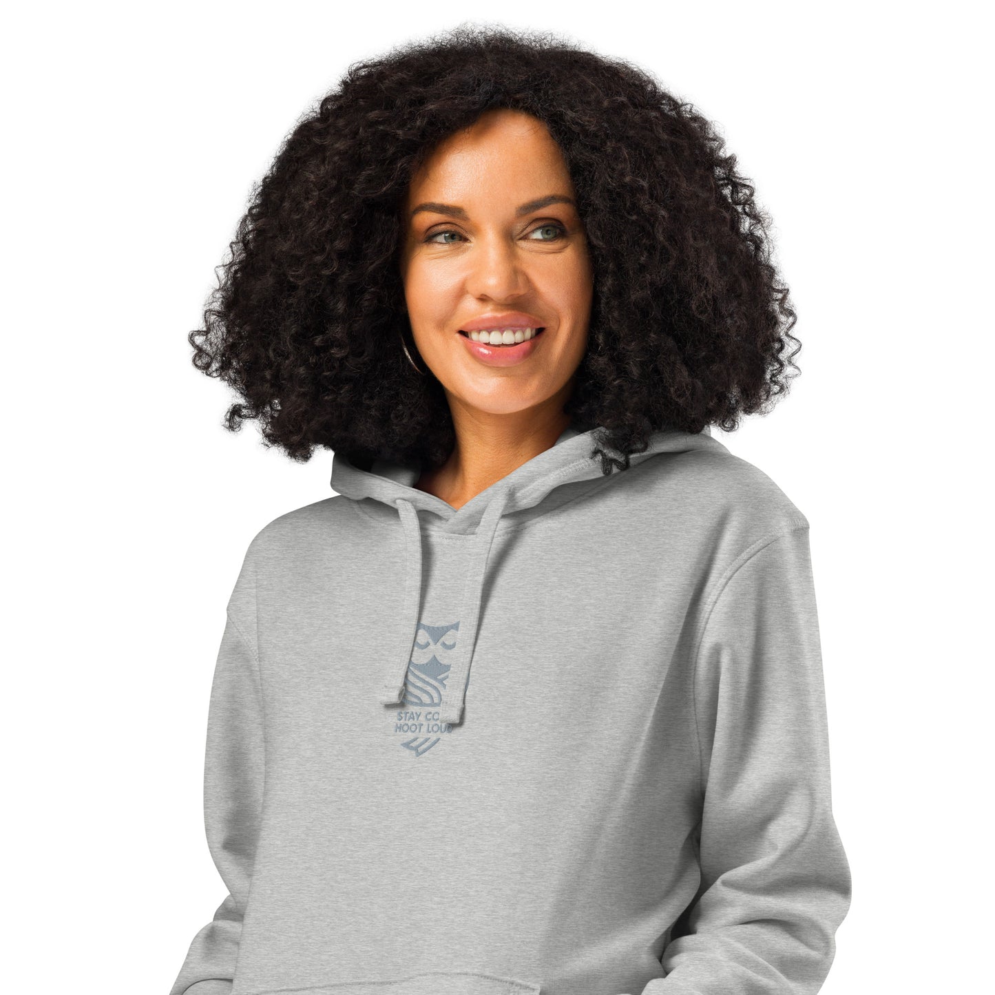 Owl Unisex Organic Mid-Weight Hoodie for Sustainable Fashion USA:" Stay Cozy Hoot Loud" in Fall Heather Grey Dudeily