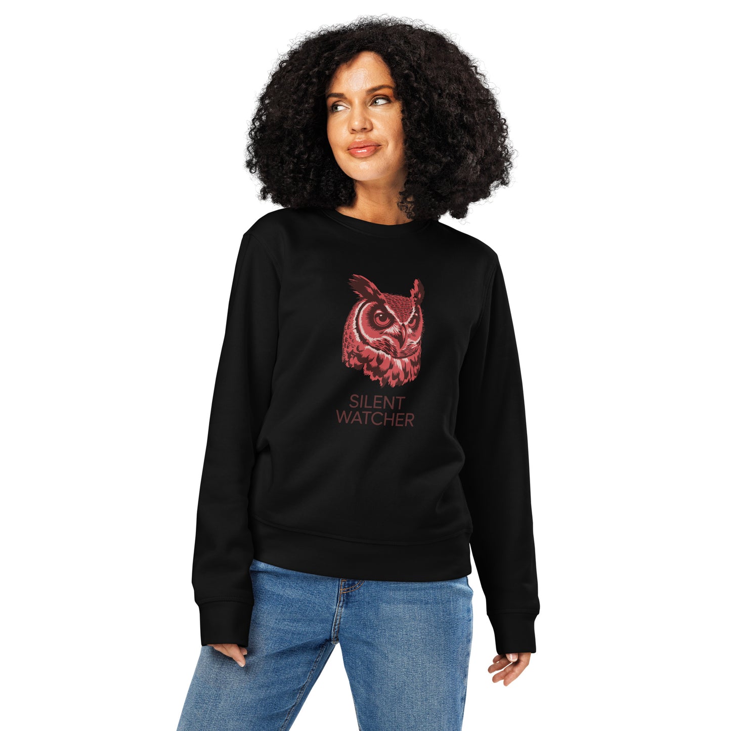 Owl Unisex Organic Mid-Weight Sweatshirt: 'Silent Watcher' in Fall | Sustainable Owl Fashion USA Black Dudeily