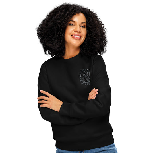 Owl Unisex Organic Mid-Weight Sweatshirt-'Peace Lives in the Night' in Fall | Sustainable Fashion USA Dudeily