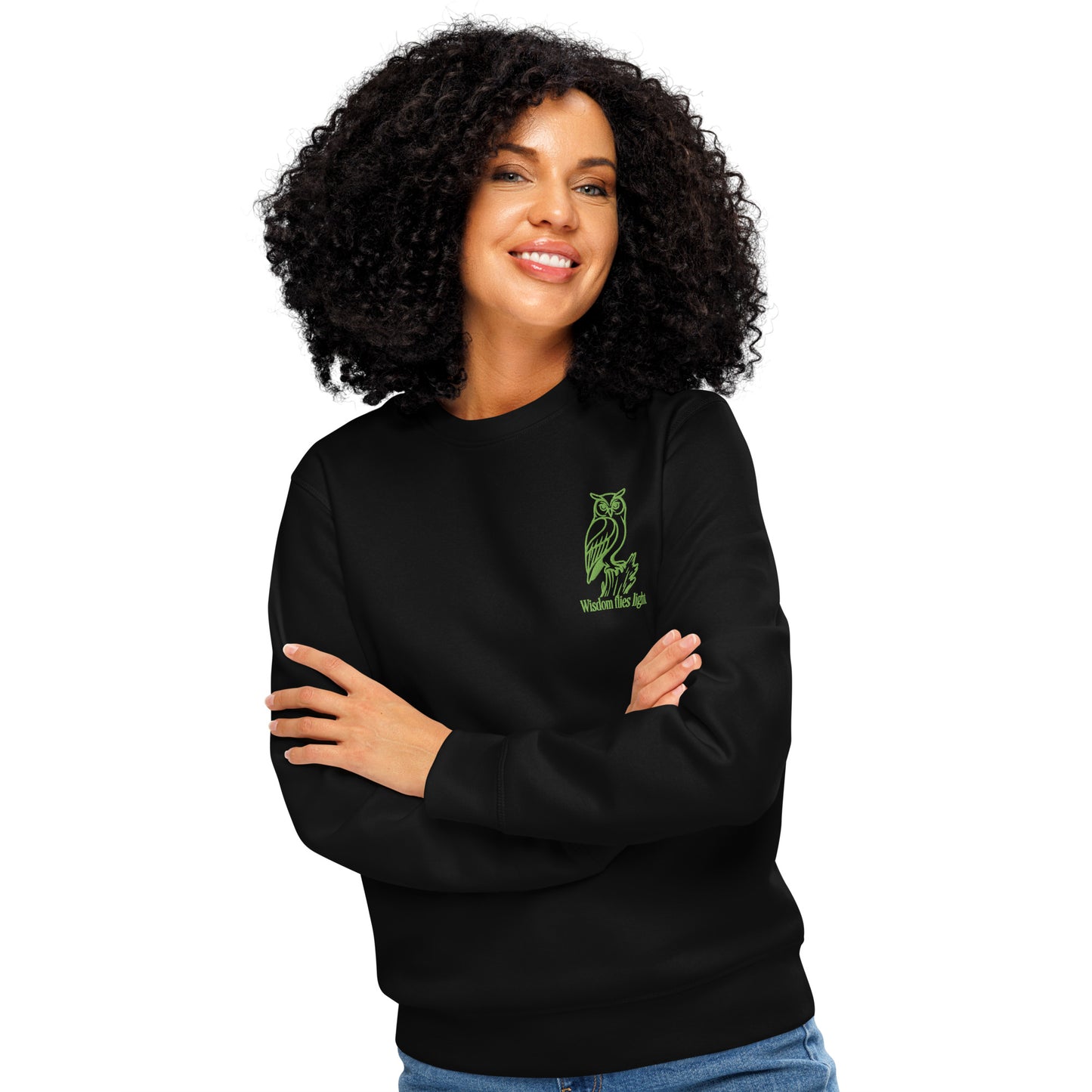Owl Unisex Organic Mid-Weight Sweatshirt: 'Wisdom Flies Light' in Fall | Sustainable Fashion USA Dudeily