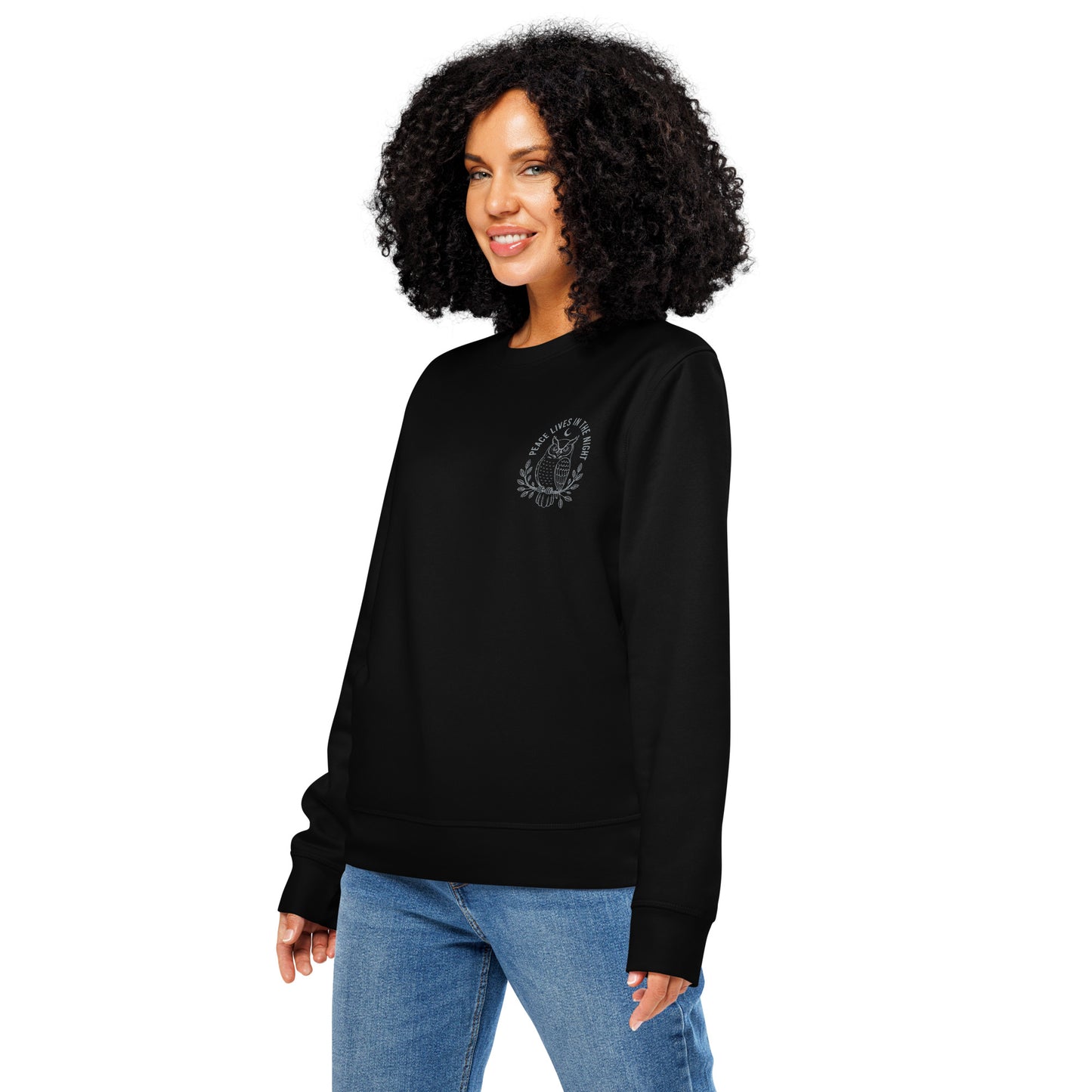 Owl Unisex Organic Mid-Weight Sweatshirt-'Peace Lives in the Night' in Fall | Sustainable Fashion USA Dudeily